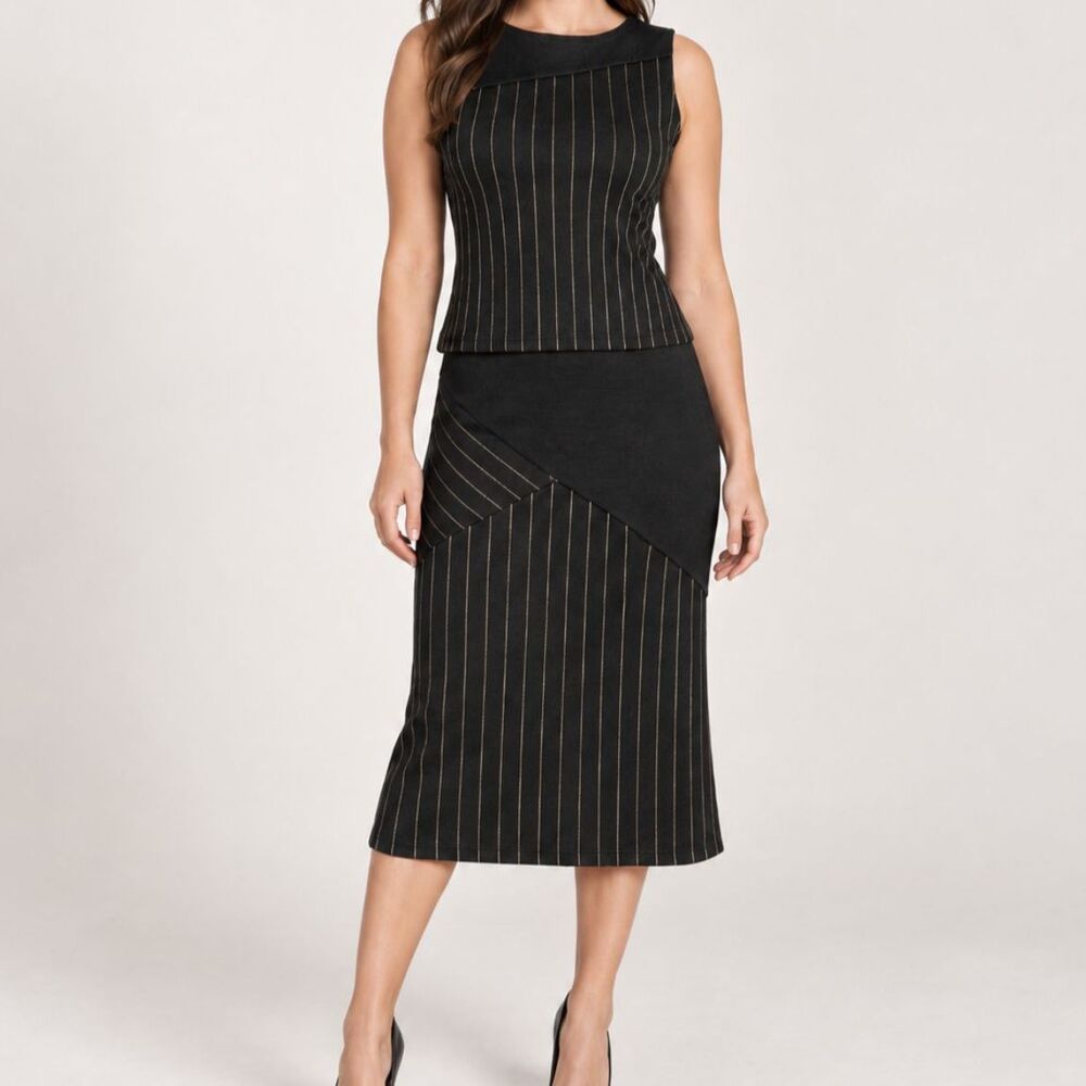 Black Gold Pinstripe 2 Piece Set Medium Sleeveless Top & Skirt